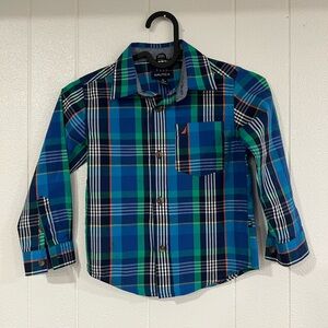 Nautica Boys Blue and Green Plaid Button-Down Shirt cotton